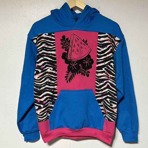 Upcycled Reworked Refashioned Womens/Mens Hoodie Sweatshirt OOAK Color Block - Picture 10 of 12